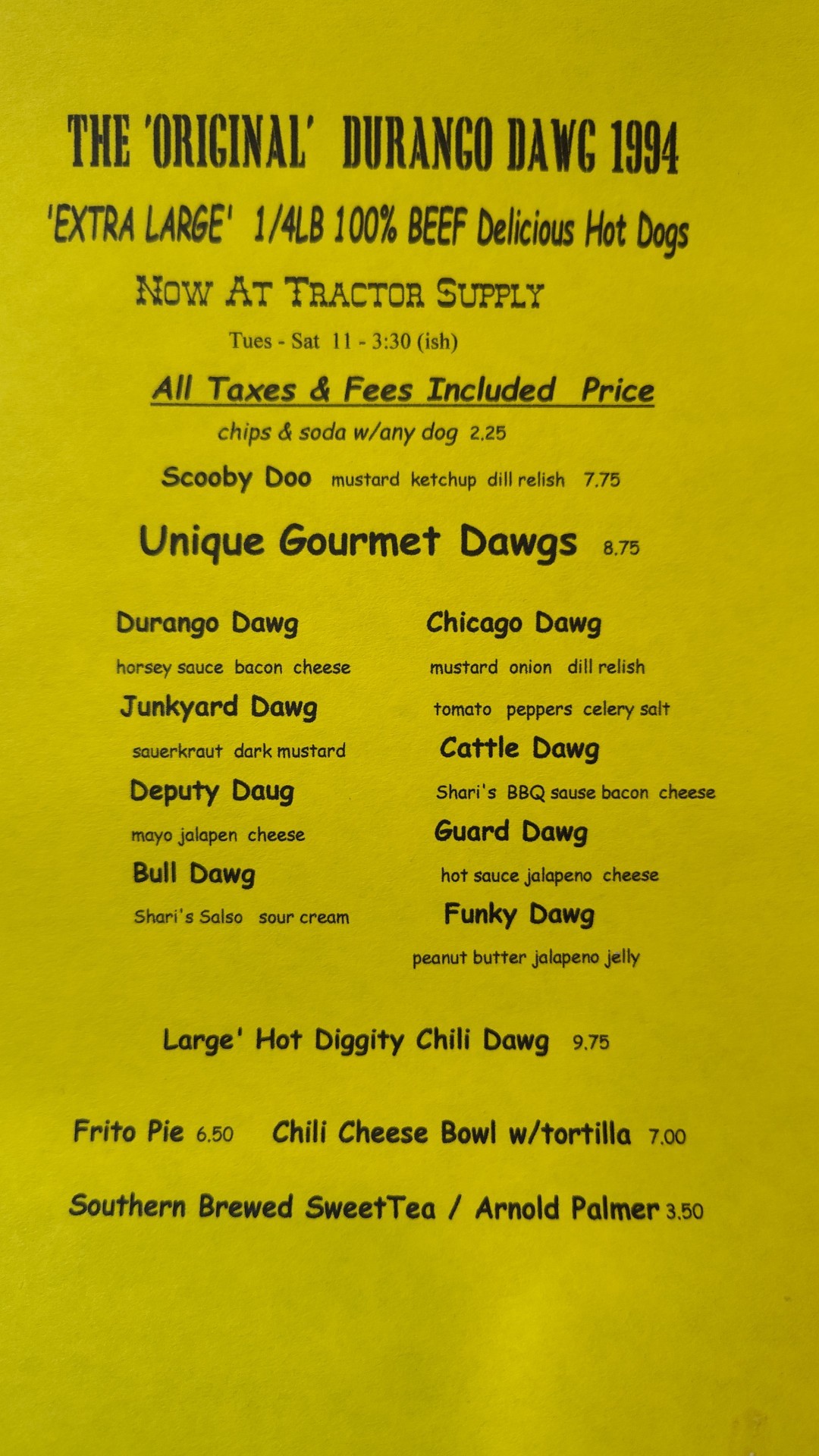 Original Durango Dawg Hot Dogs EST 1994 Menu