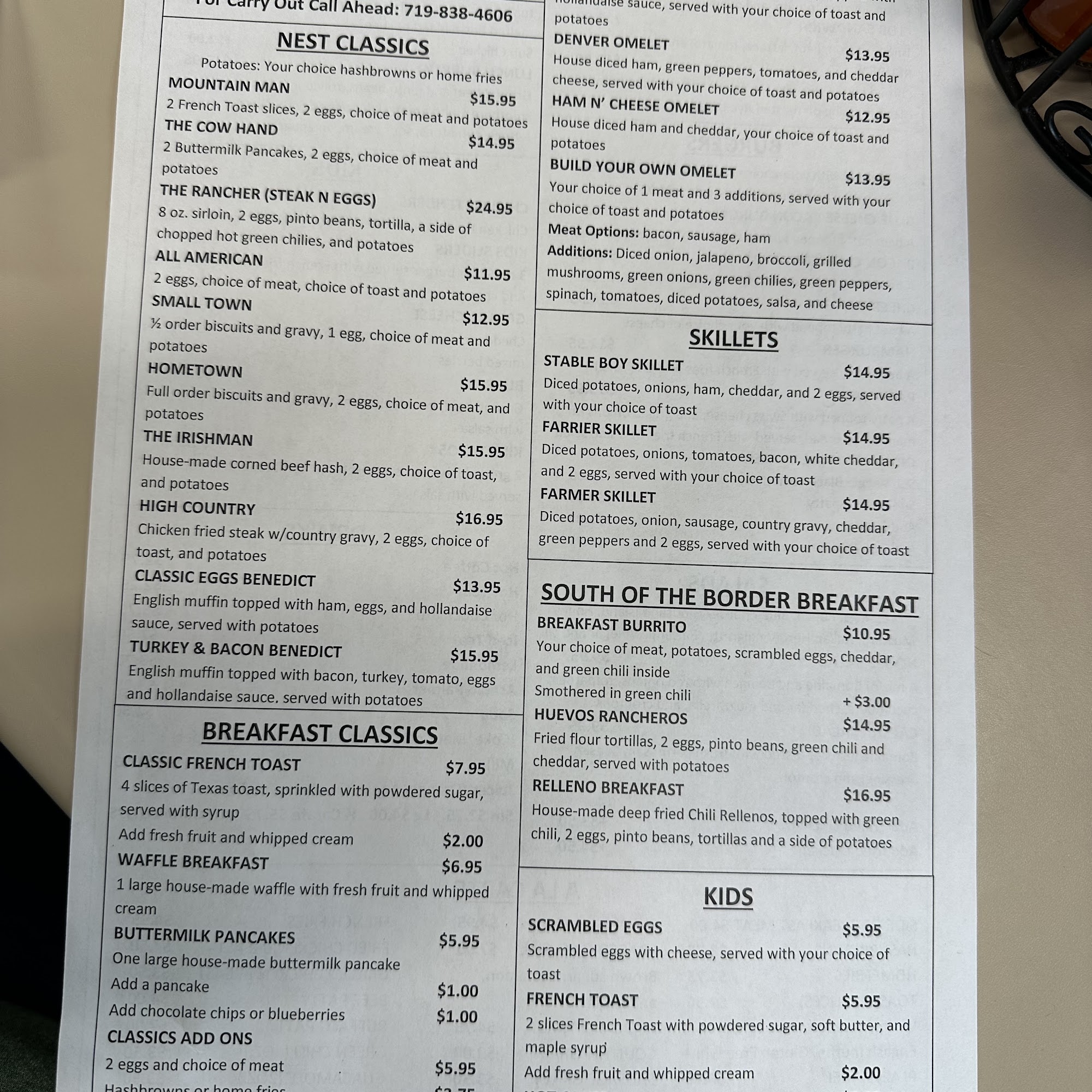 Robbin’s Nest Menu