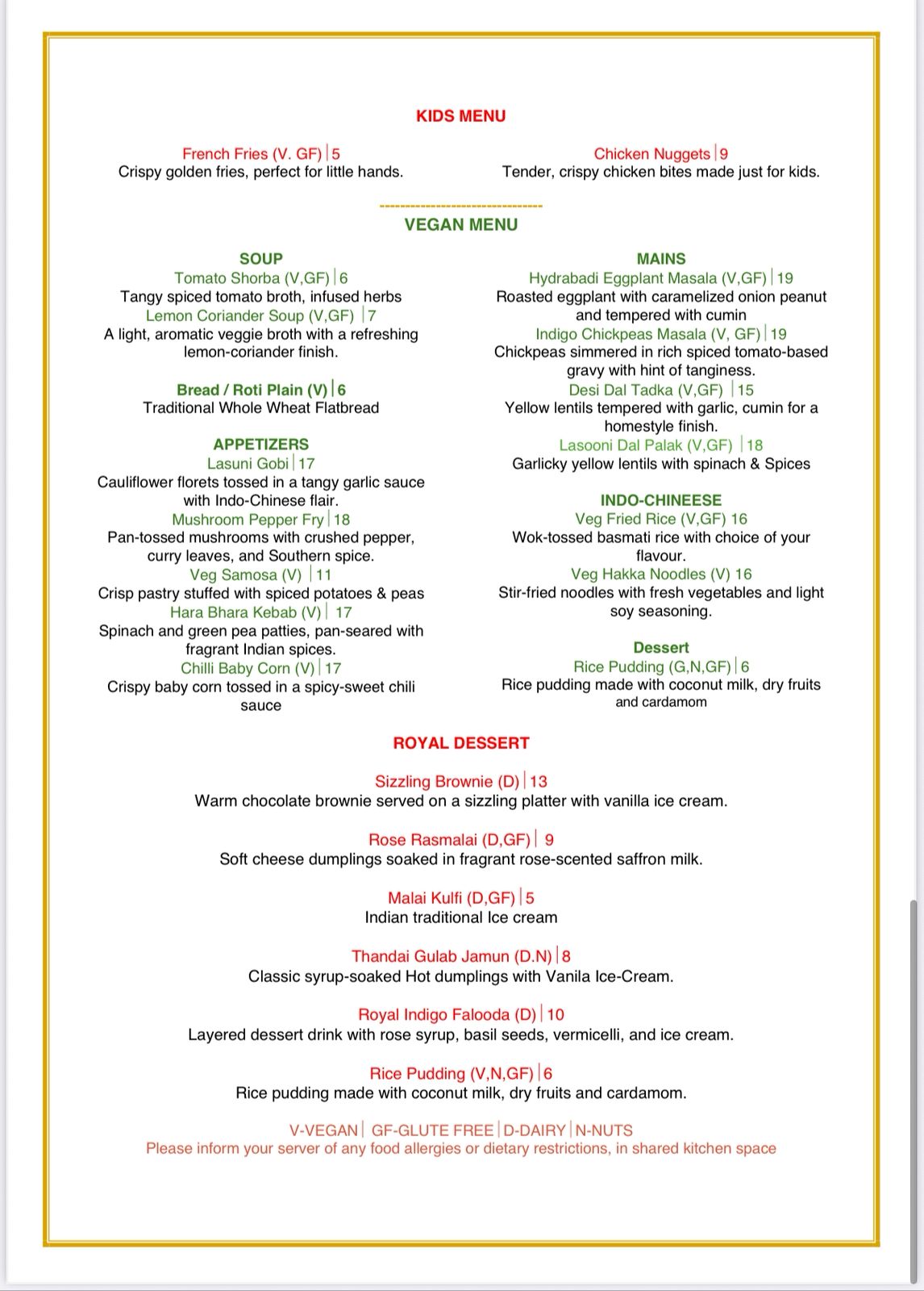 INDIGO: Modern Indian Cuisine & Bar Menu