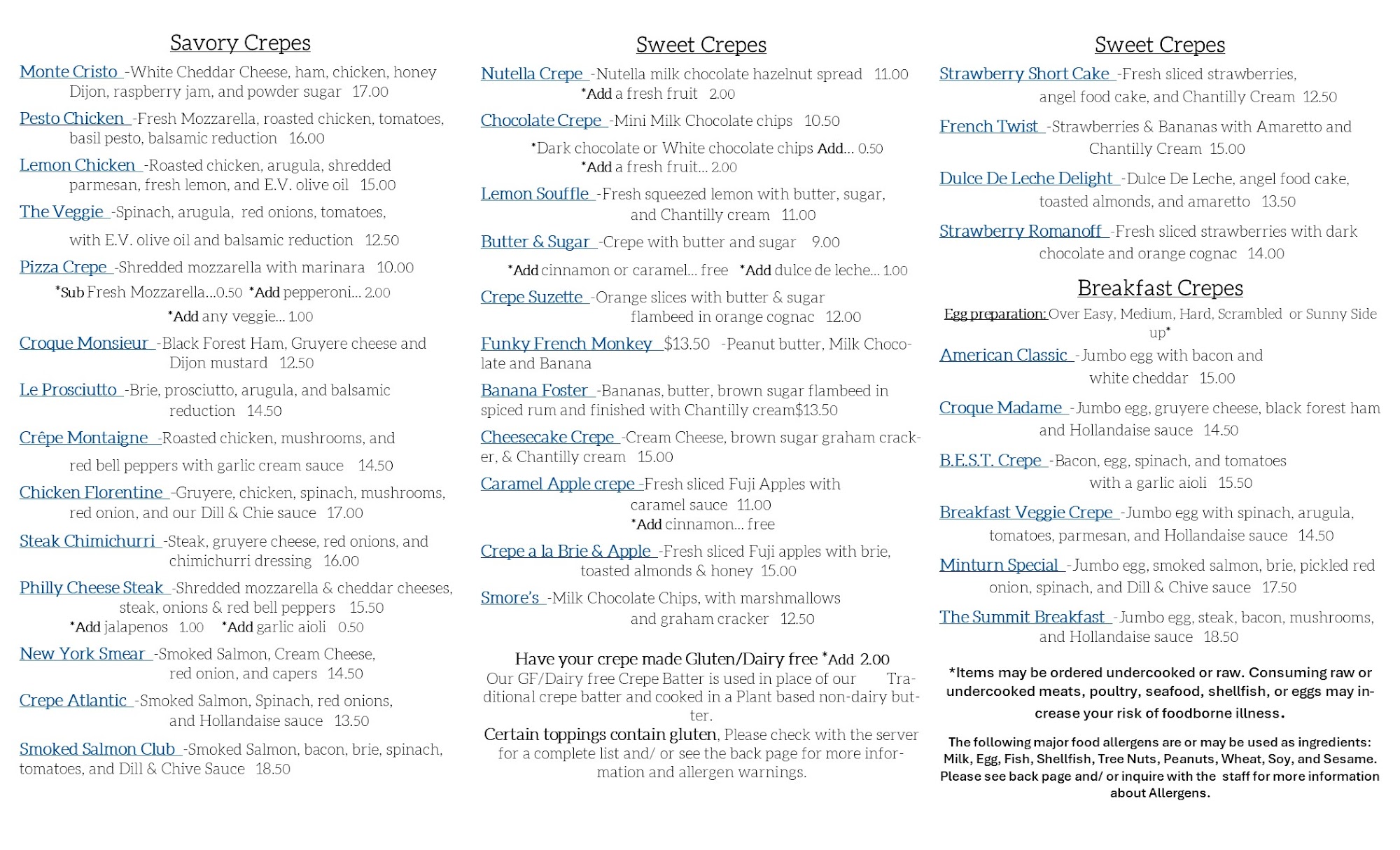 Crepes a la Cart Frisco Menu