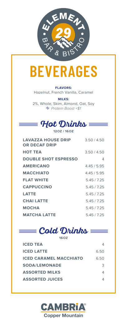 Element 29 Coffee Bar & Bistro Menu