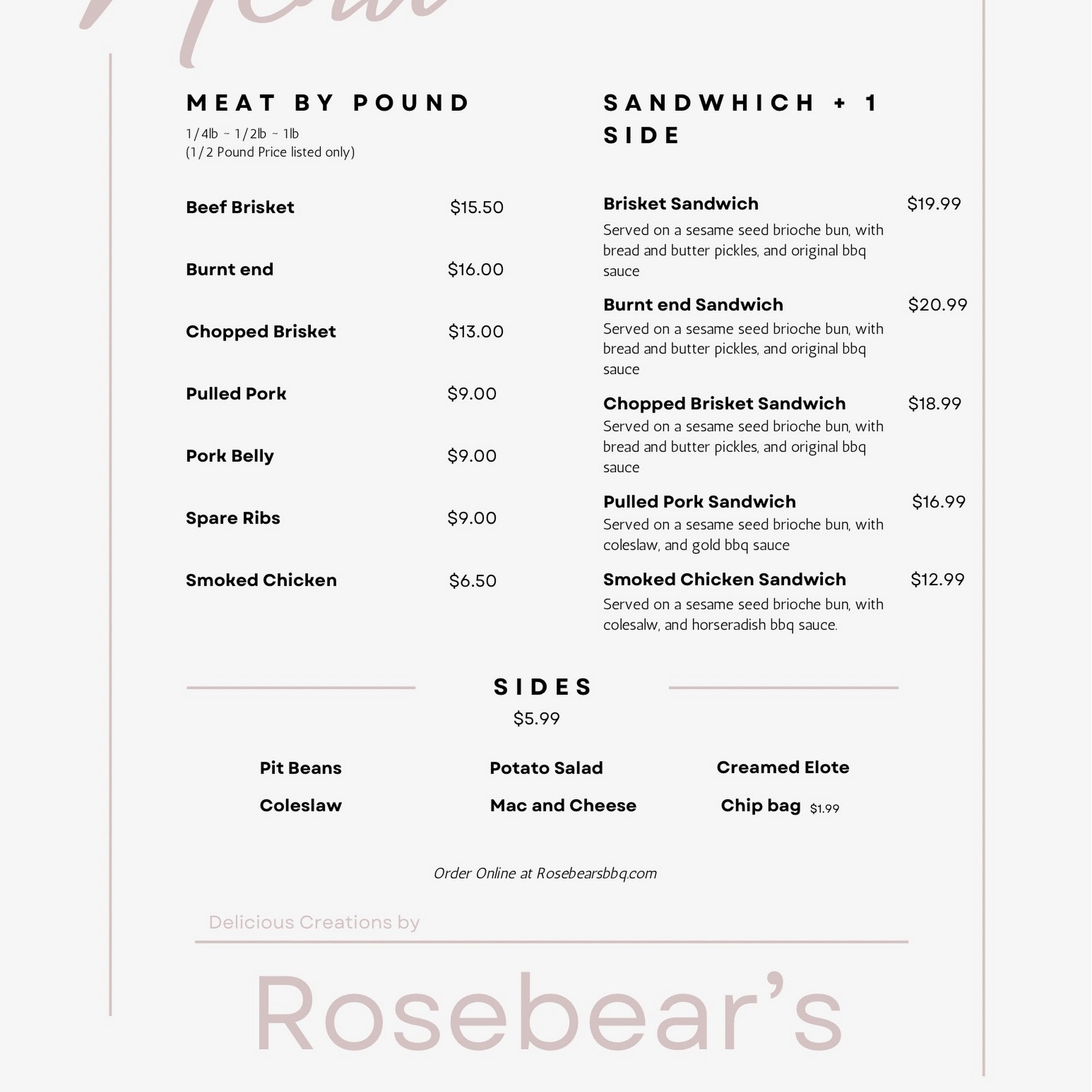 RoseBear’s BBQ Menu