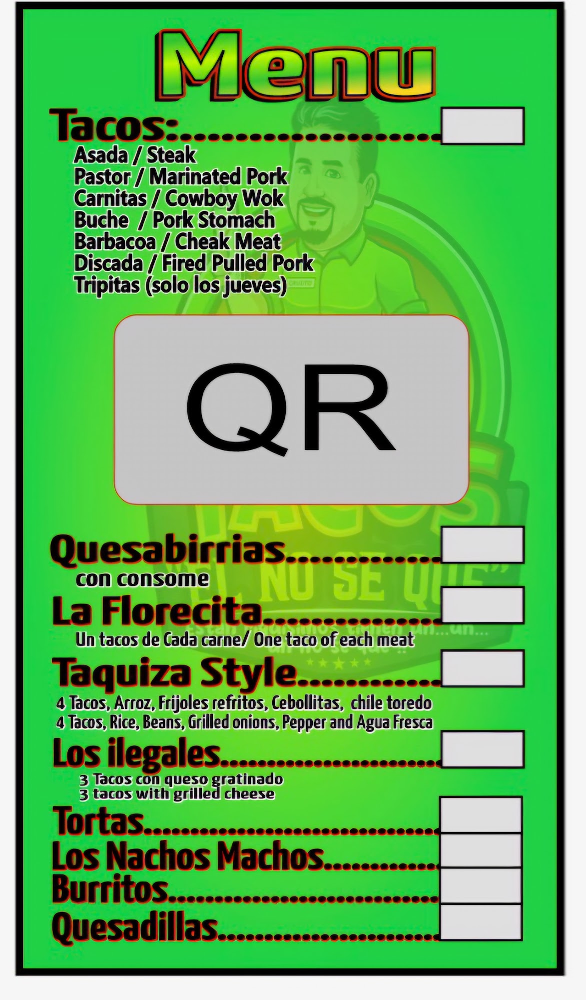 Tacos El No Se Que Menu