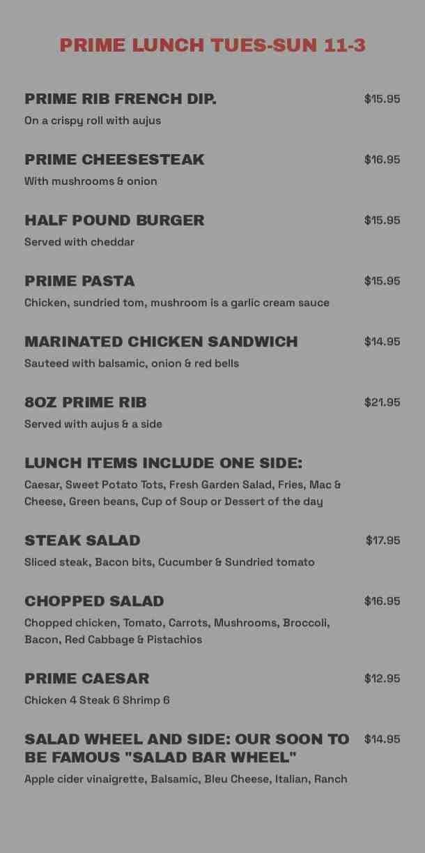 Pinocchios Prime Menu