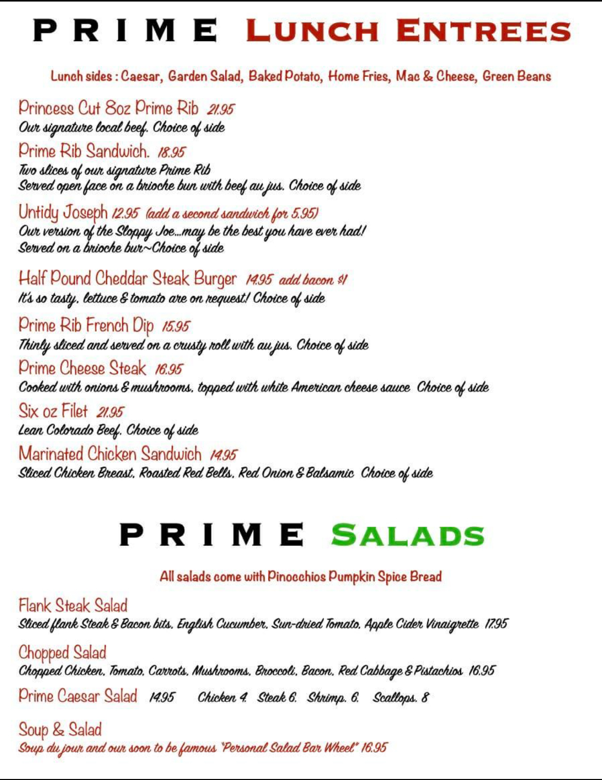 Pinocchios Prime Menu