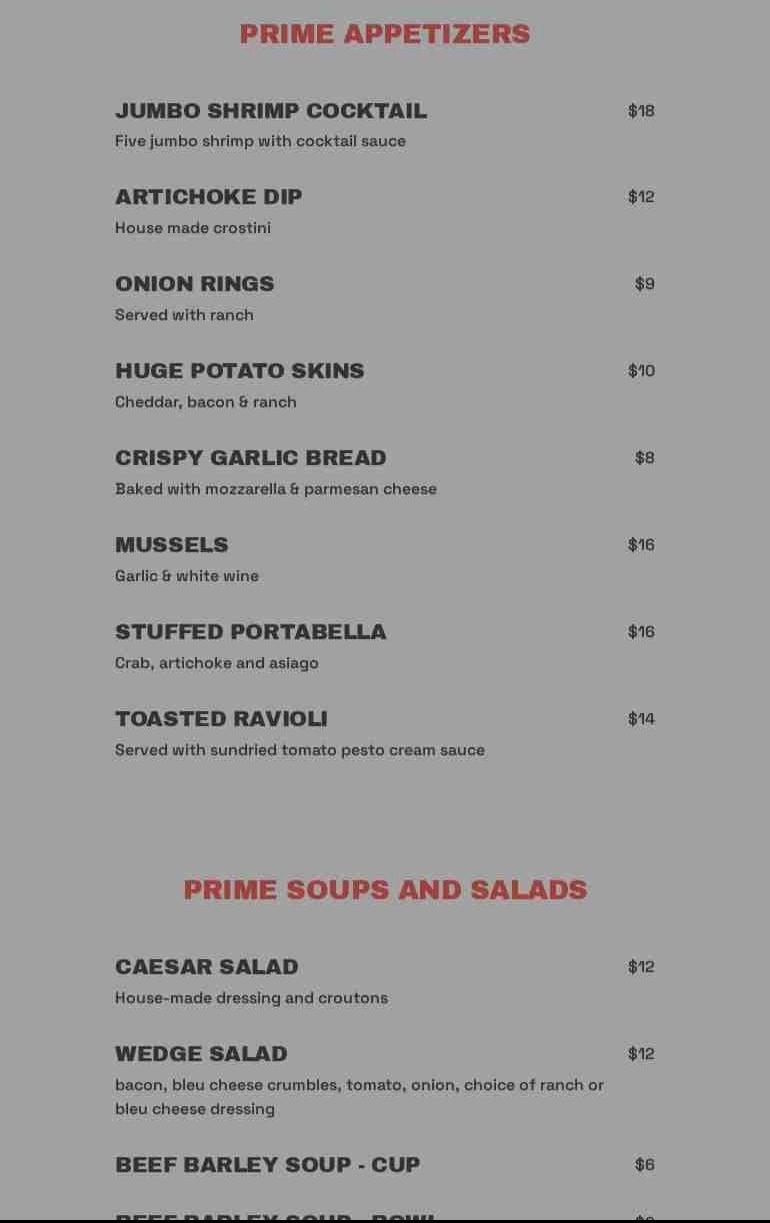 Pinocchios Prime Menu