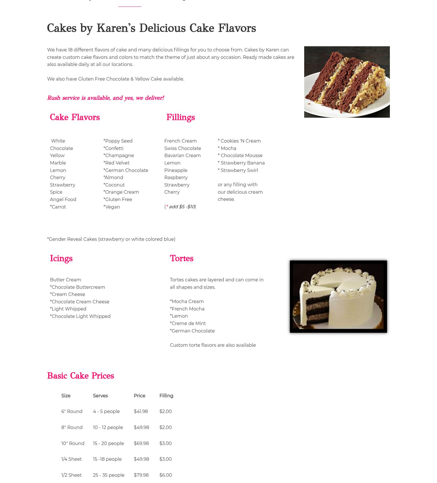 Cakes By Karen Menu