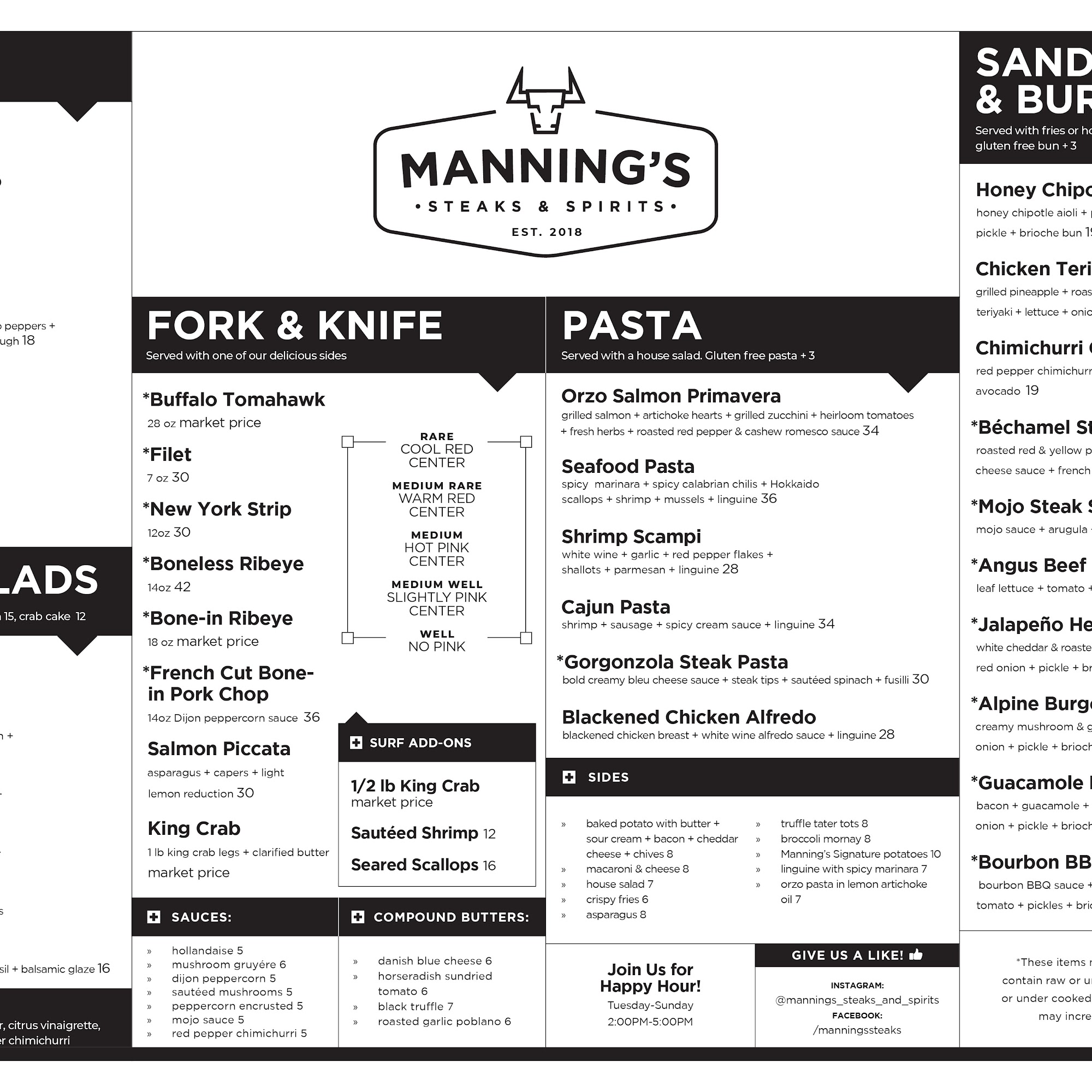 Manning's Steaks & Spirits Menu