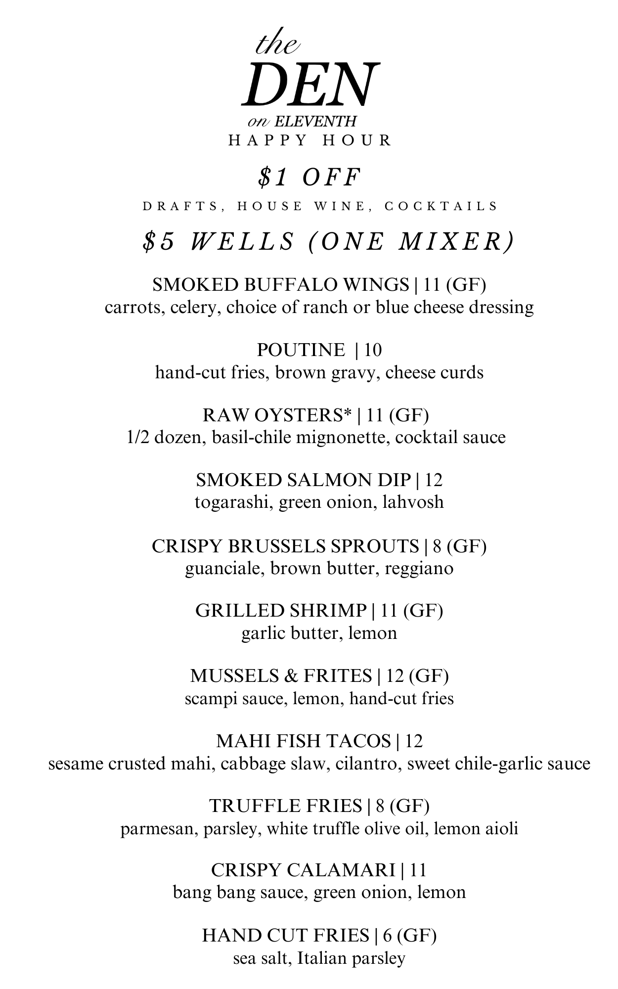 The Den on Eleventh Menu