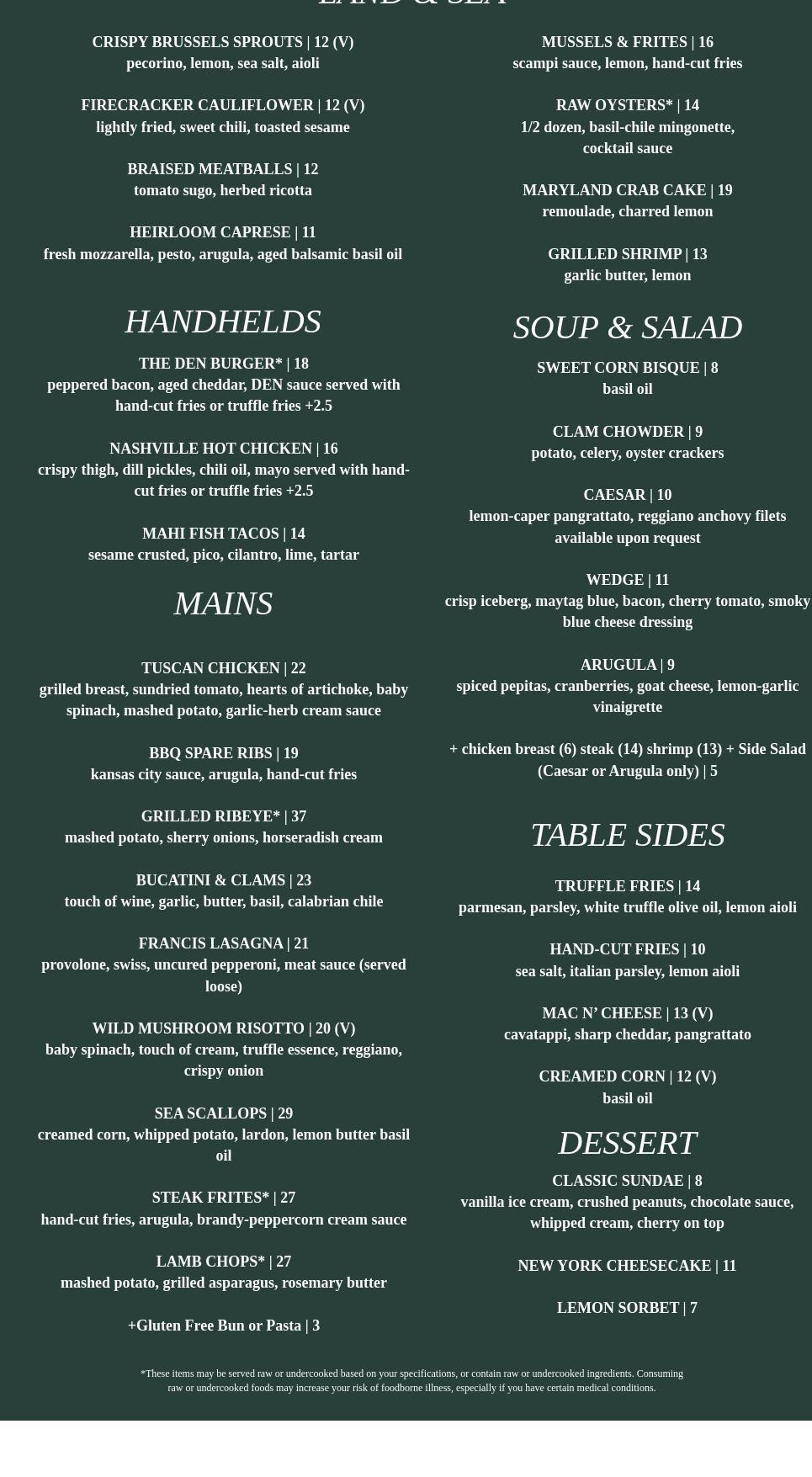 The Den on Eleventh Menu