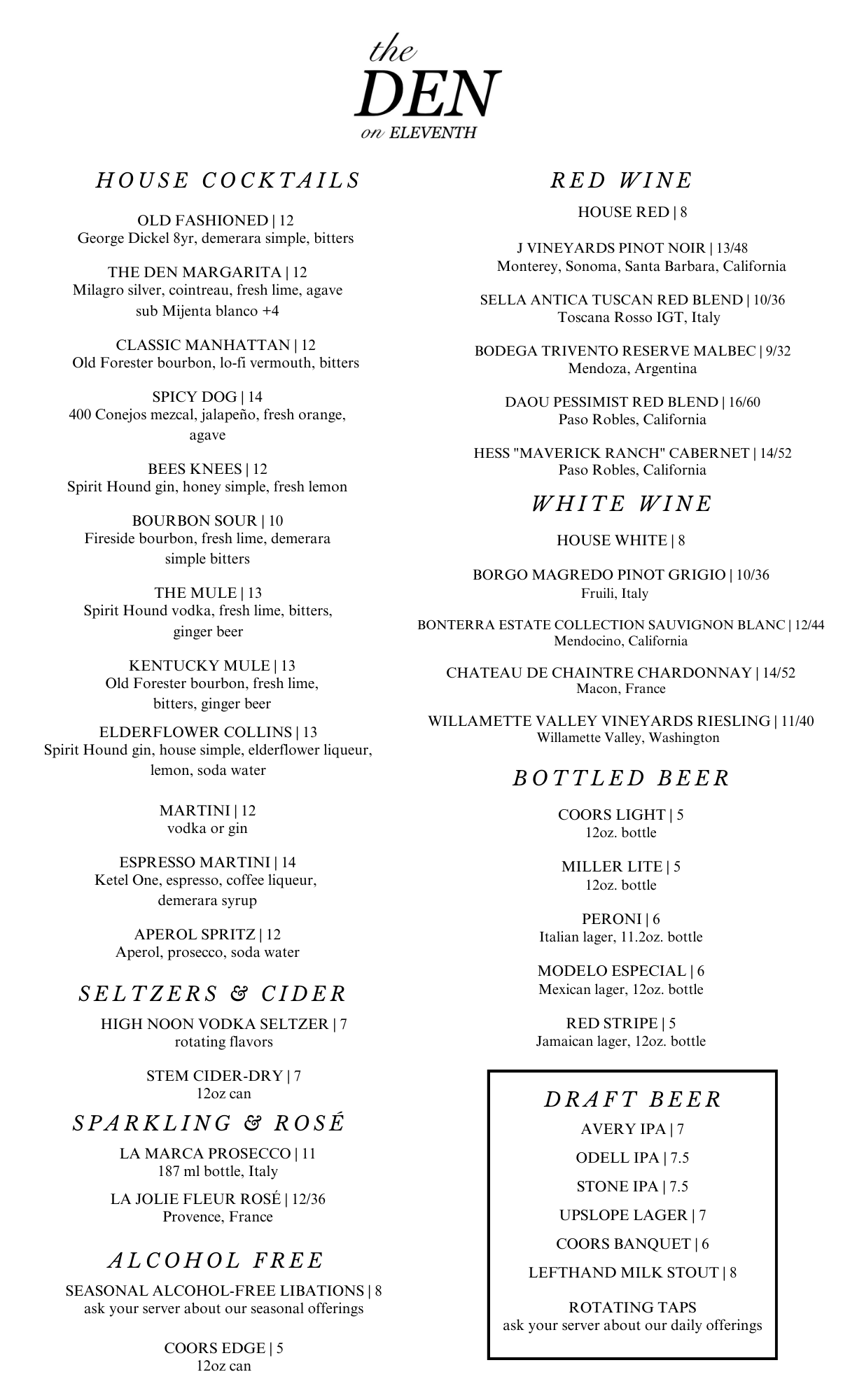 The Den on Eleventh Menu