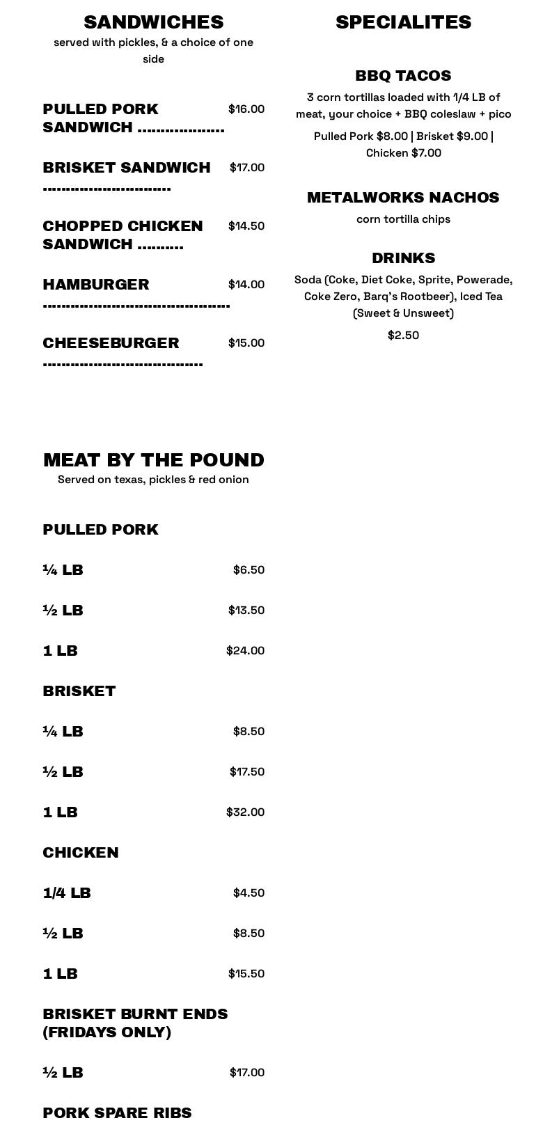METALWORKS BBQ & Grill Menu