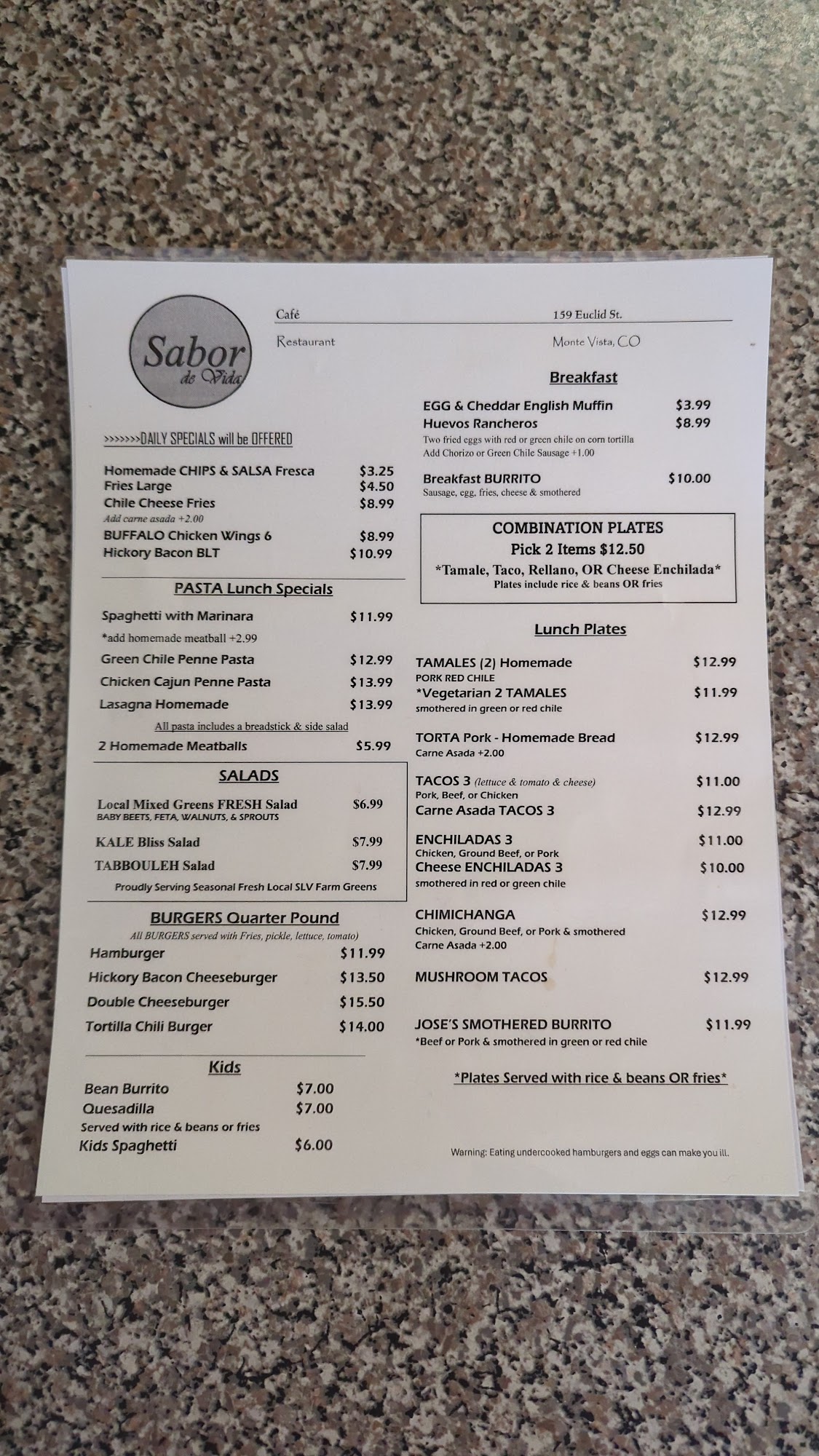 Sabor de Vida Cafe Menu