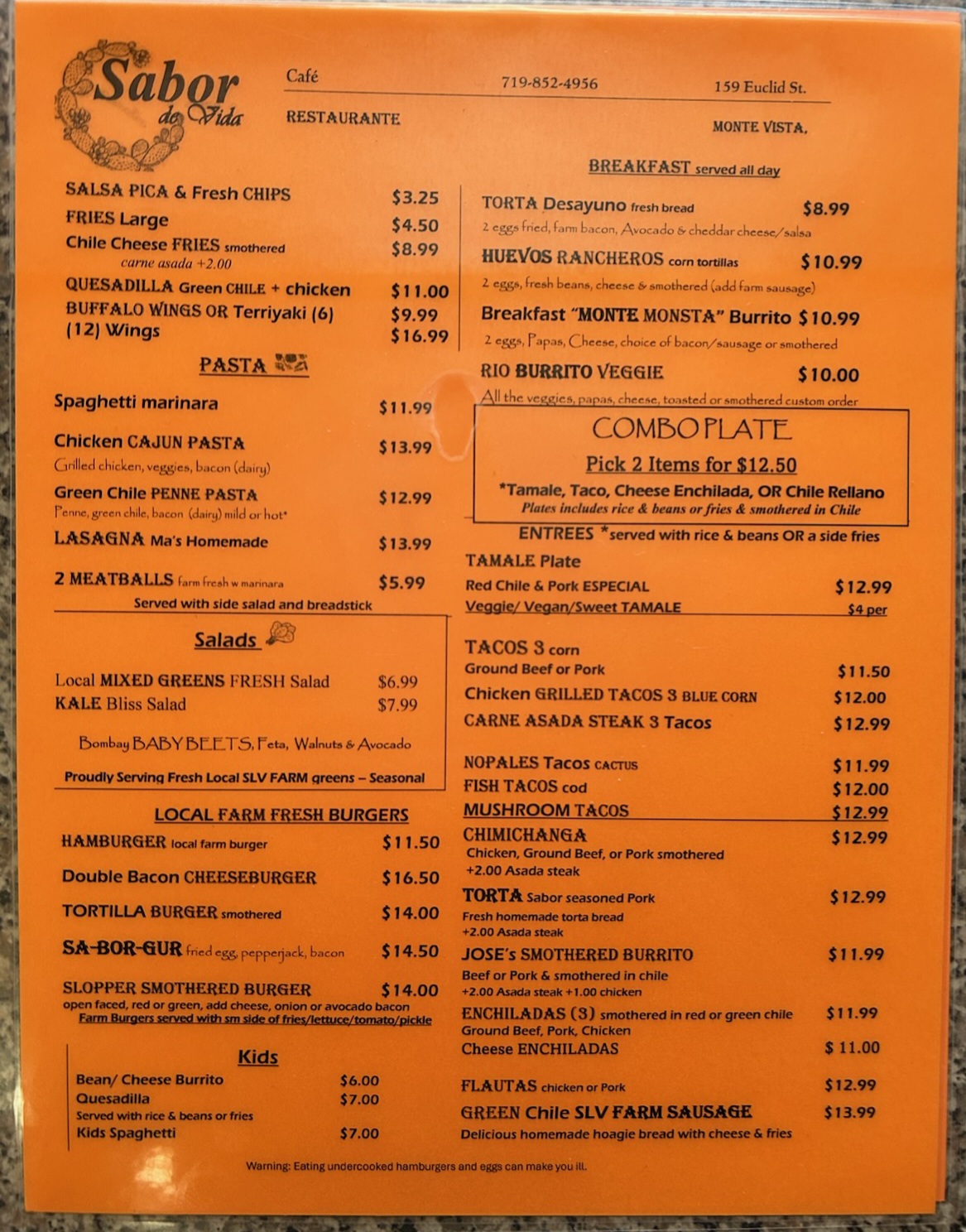 Sabor de Vida Cafe Menu