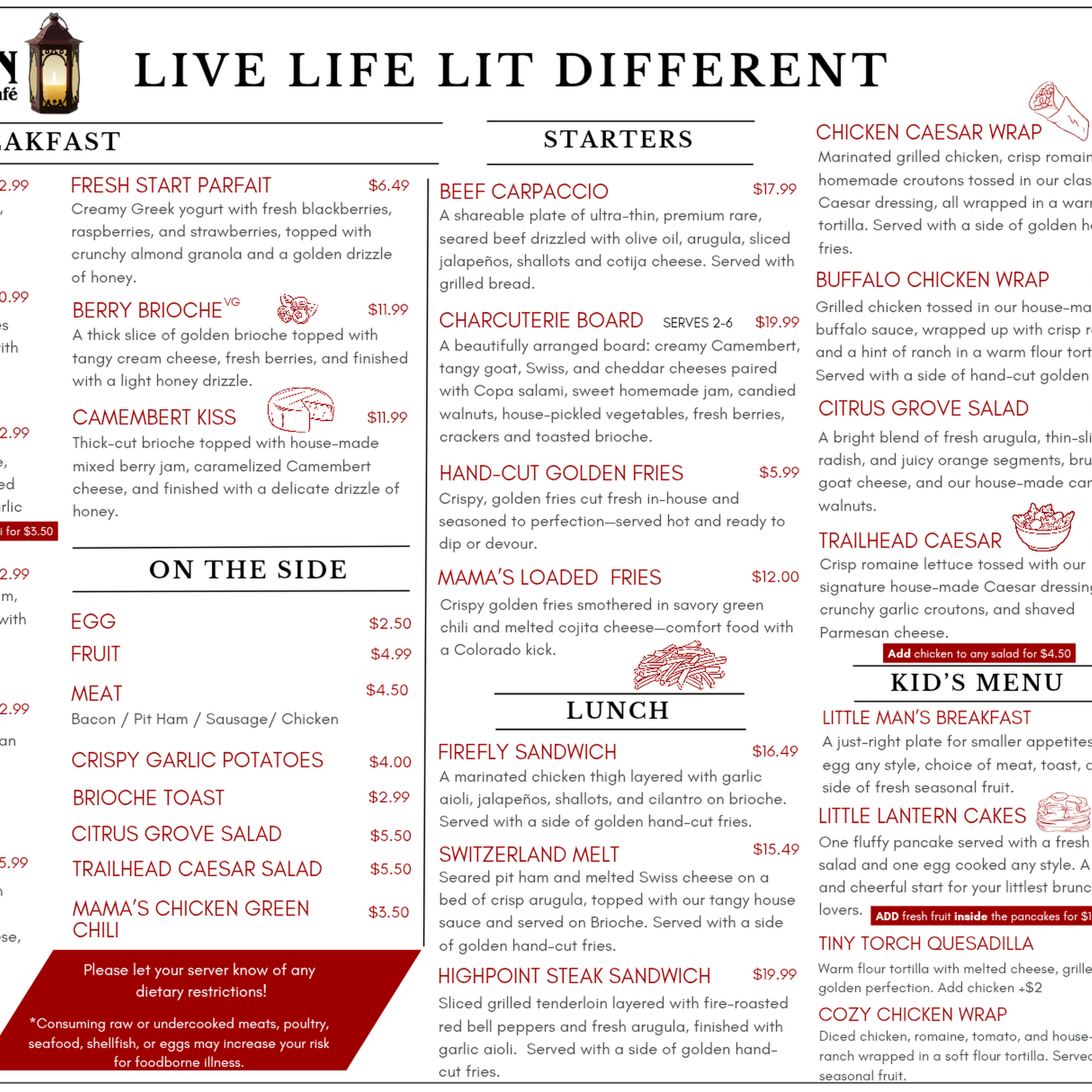 Lake and Lantern Cafe Menu