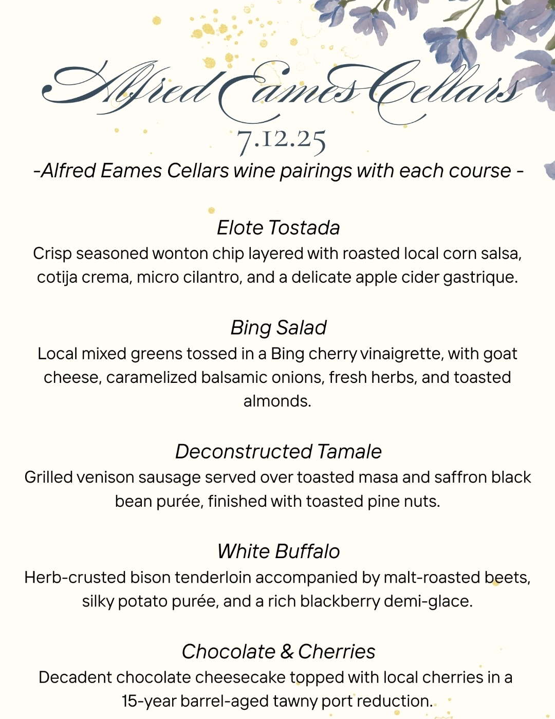 Alfred Eames Cellars Menu