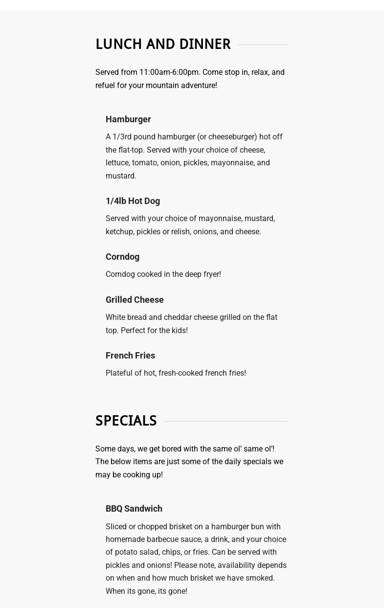 Silver Plume Grill Menu