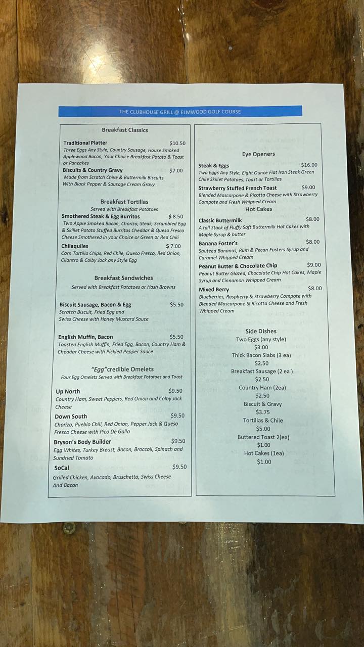 The Club House Cafe at Elmwood Menu