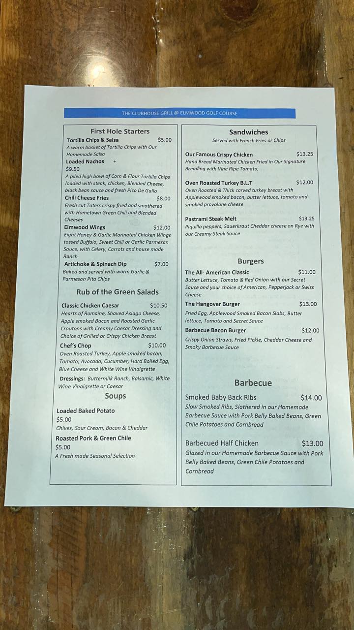 The Club House Cafe at Elmwood Menu