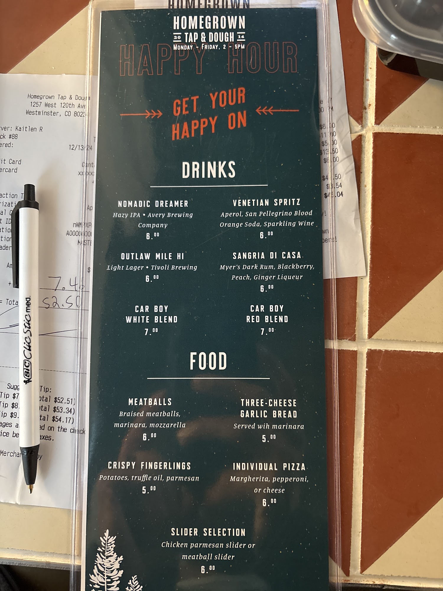 Homegrown Tap & Dough Menu