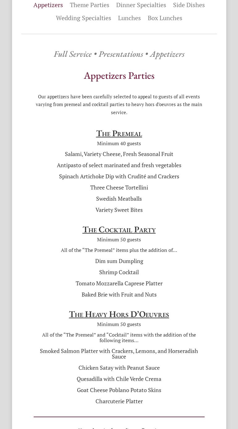 Main Street Catering Menu