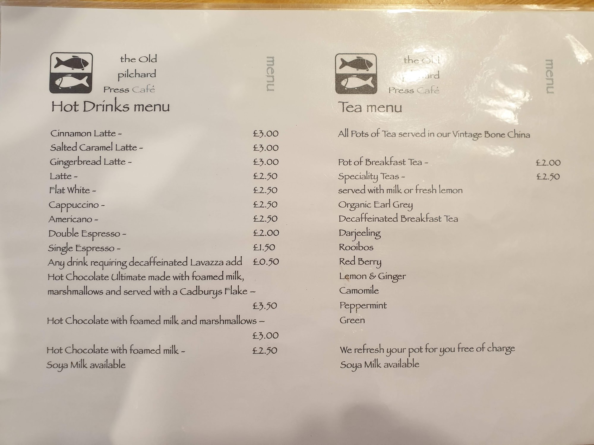 The Old Pilchard Press Cafe Menu