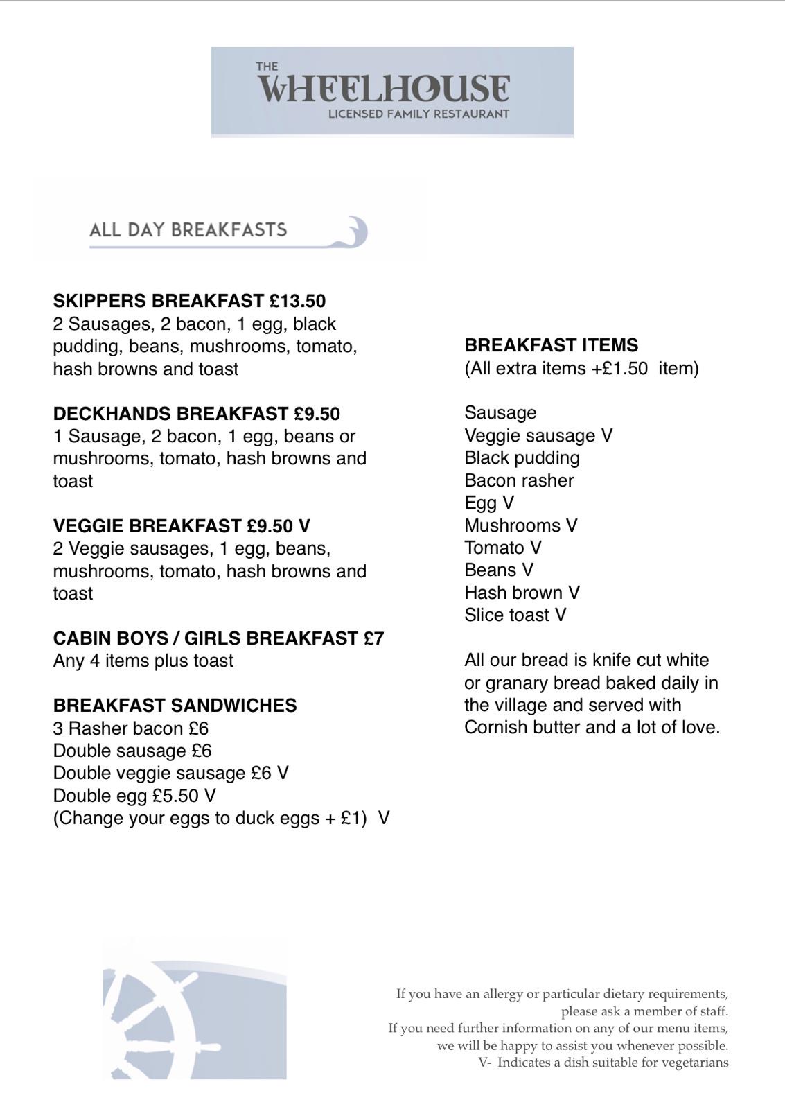 The Wheelhouse Family Restaurant Menu