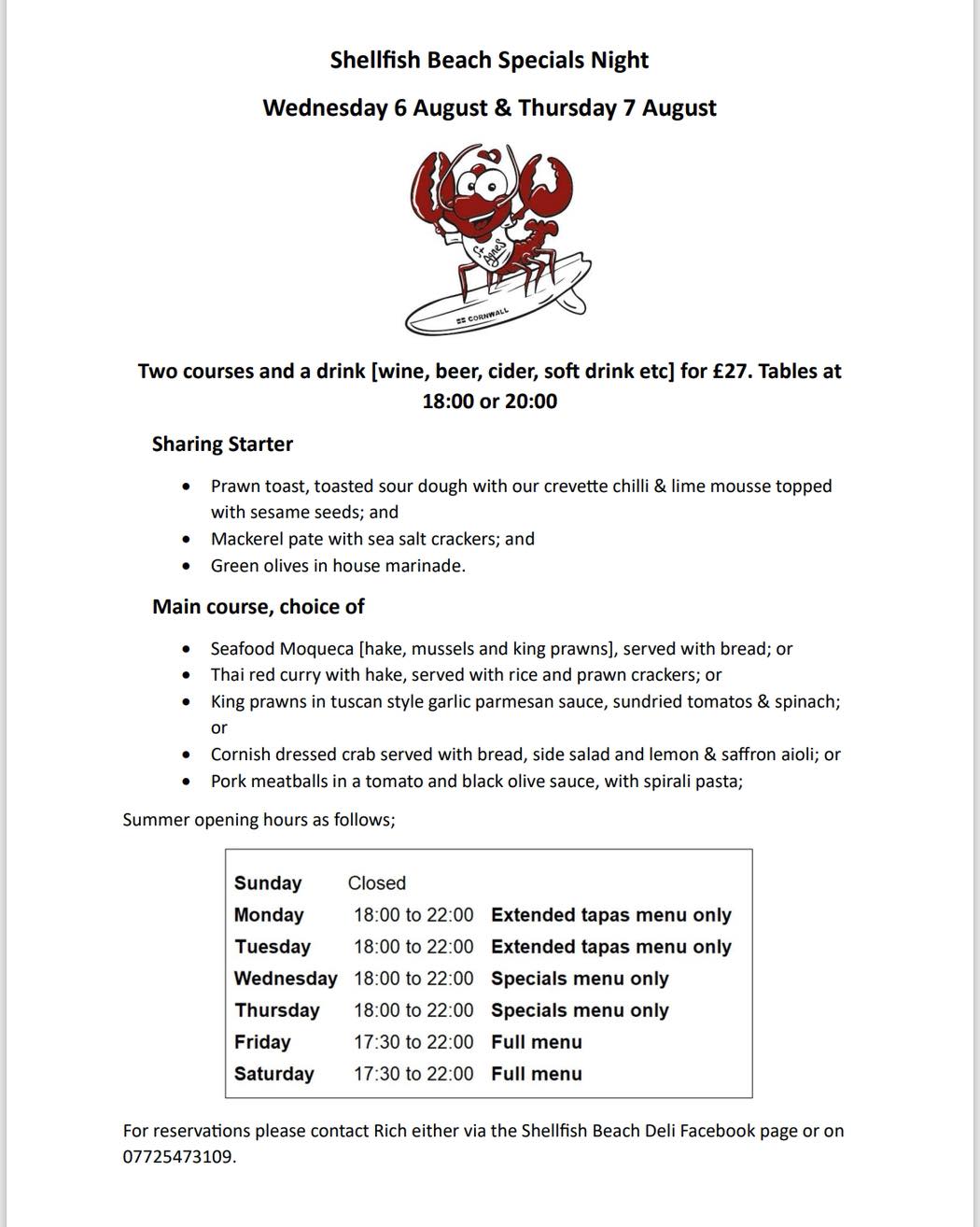 Shellfish Beach delli Menu