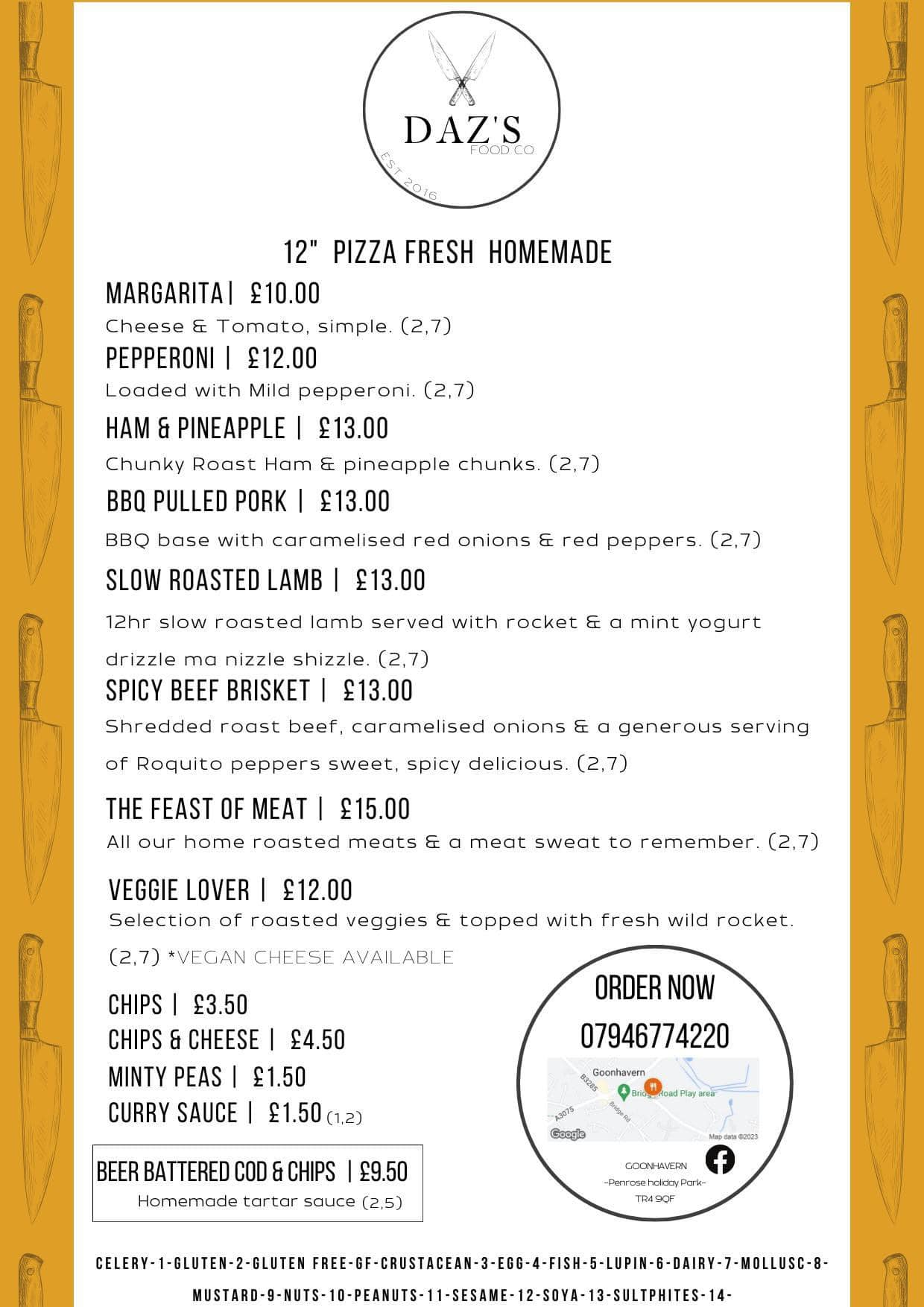 Daz's Café Menu