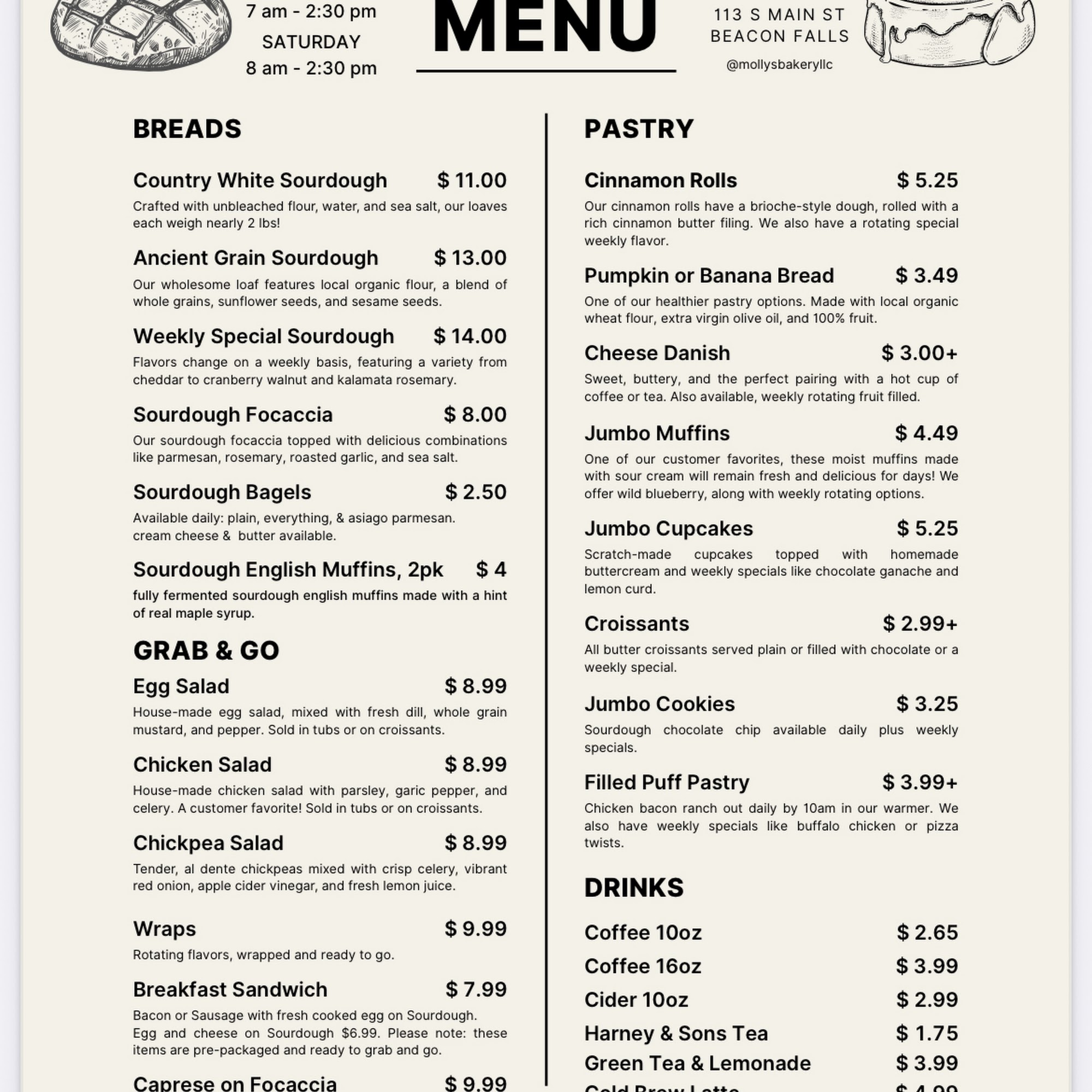 Molly's Bakery, appt only Menu