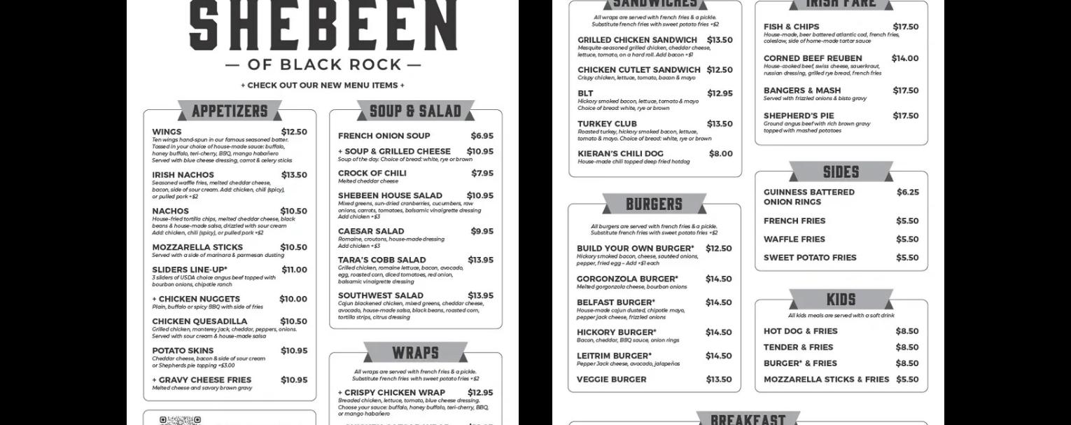The Shebeen of Black Rock Menu
