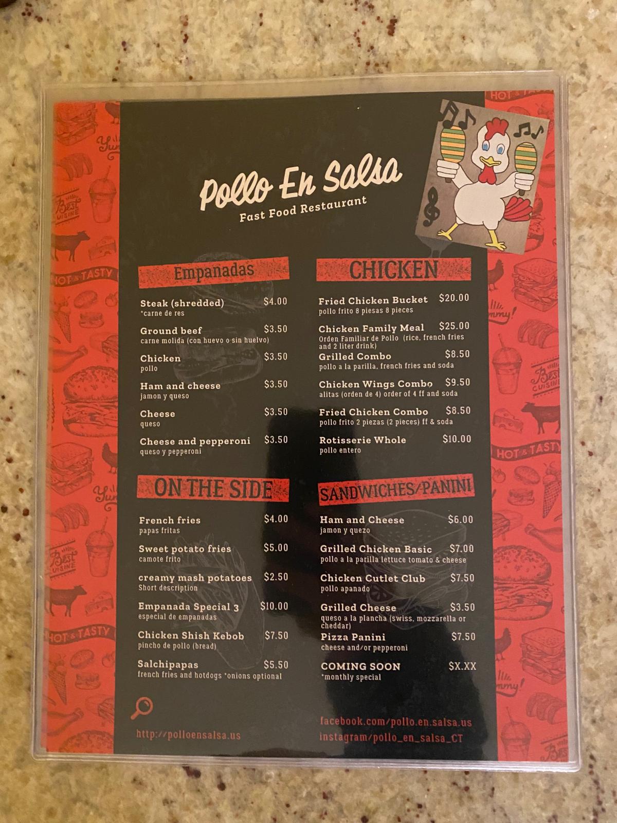 Pollo en Salsa Menu