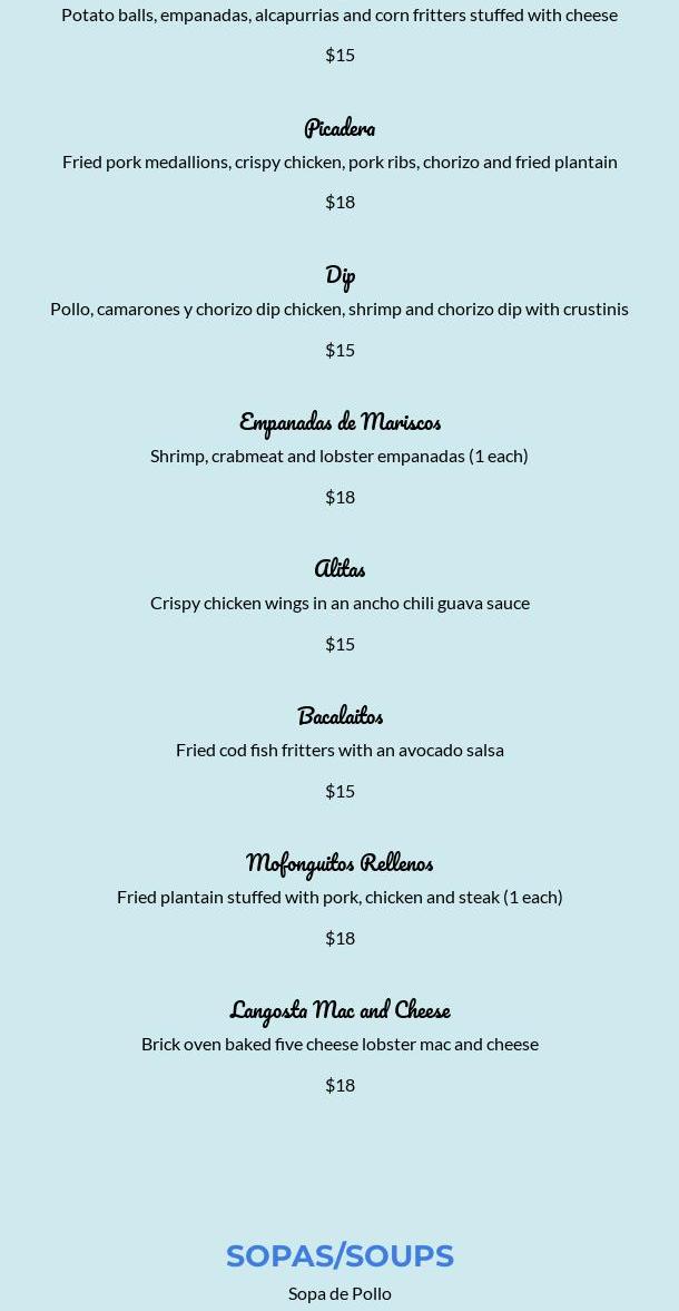 Ventanas bar and restaurant Menu