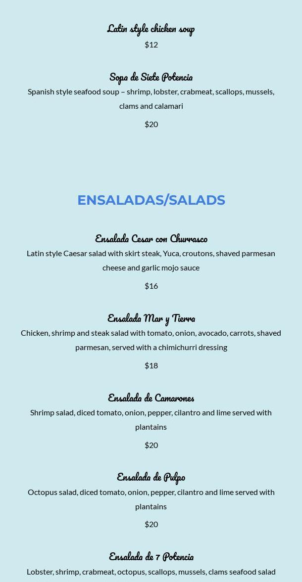 Ventanas bar and restaurant Menu