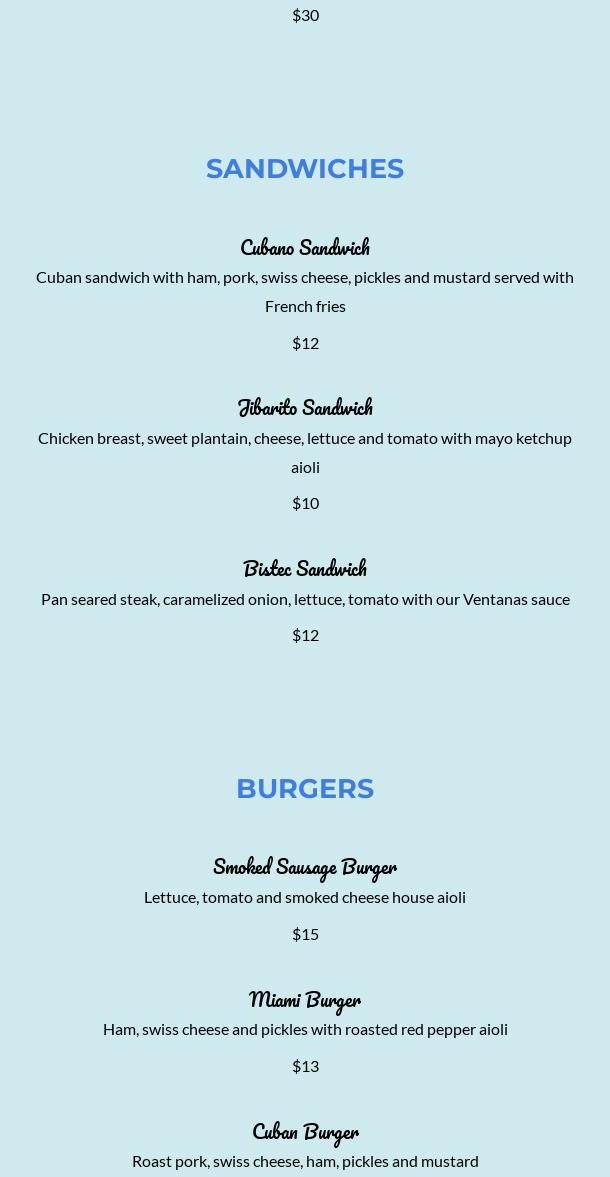 Ventanas bar and restaurant Menu