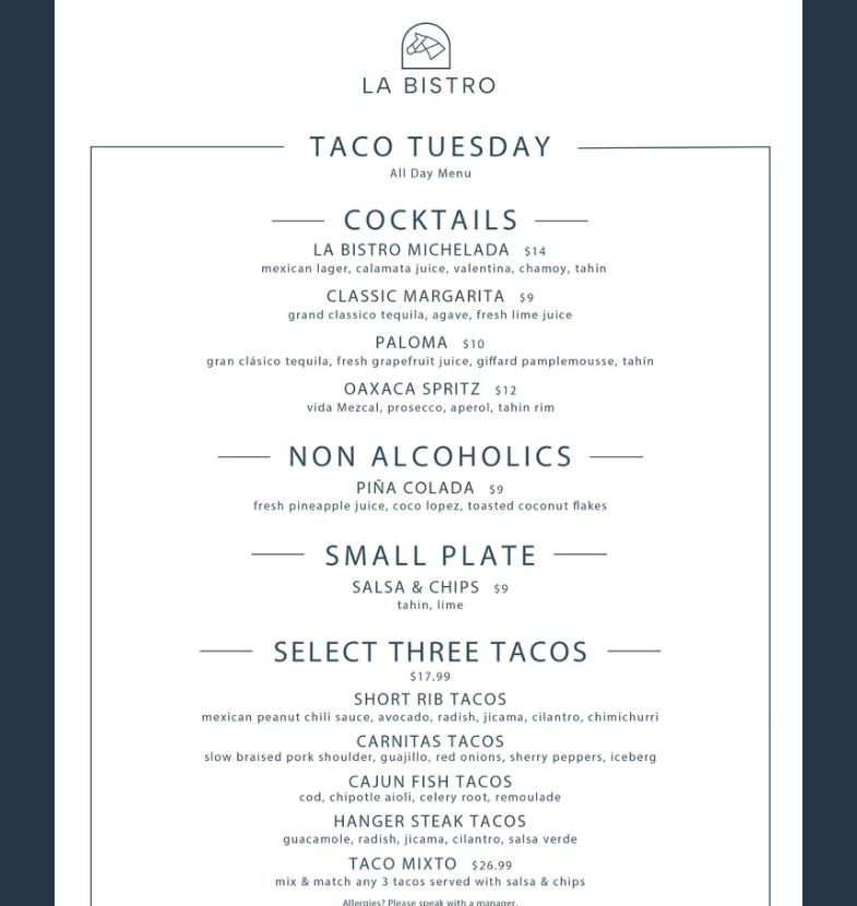 La Bistro Menu