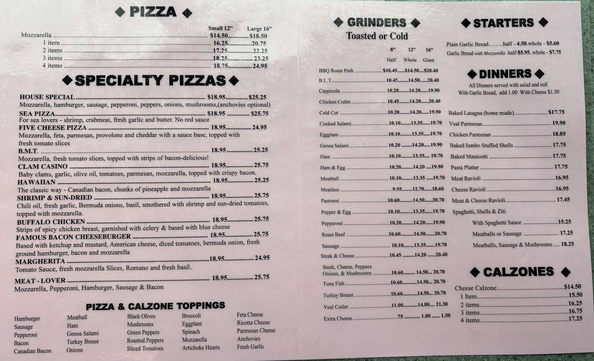 Freddy's Pizza & Grinders Menu