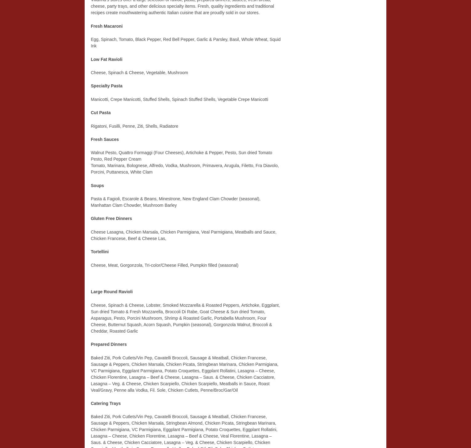 Villarina's Pasta Menu