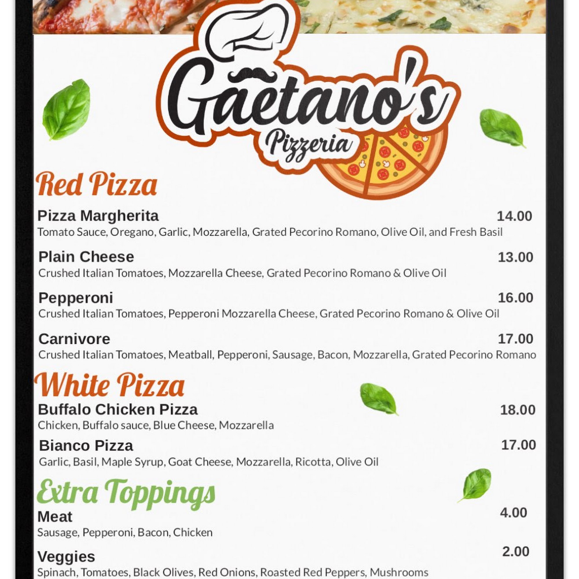 Gaetano's Pizzeria Menu