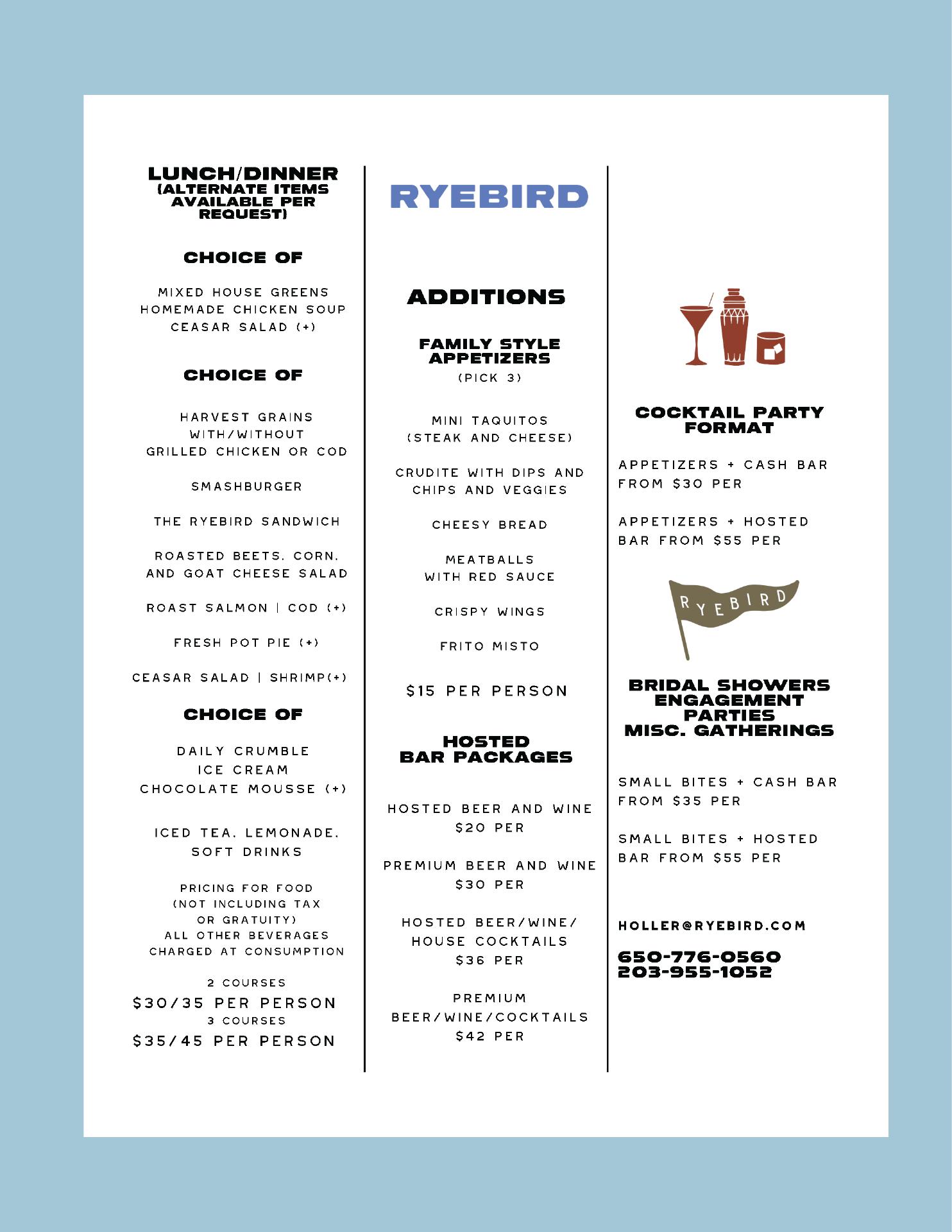 Ryebird Menu