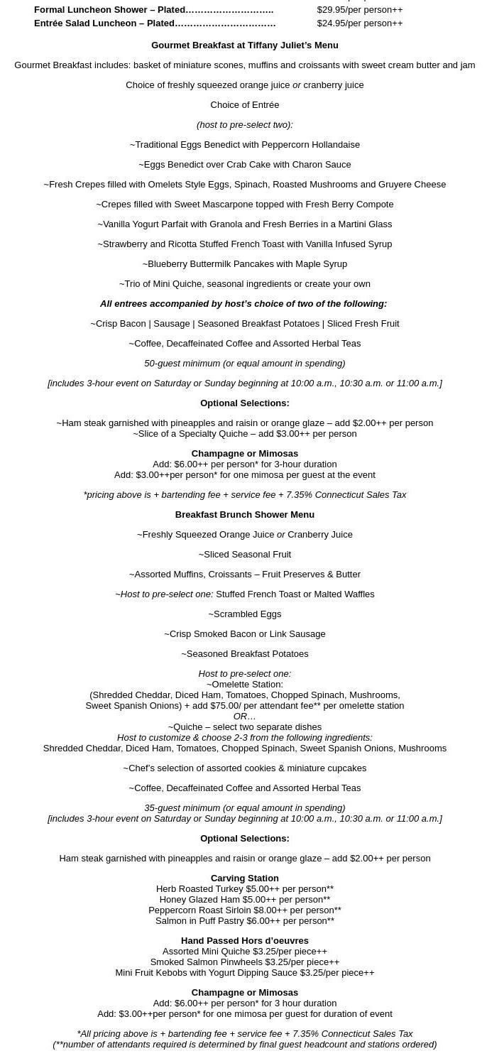 Tiffany Juliet House Menu