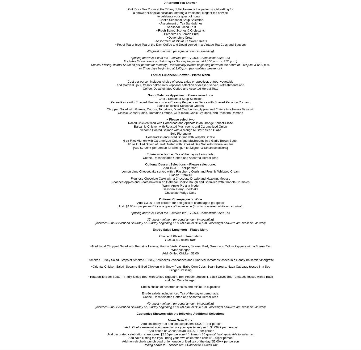 Tiffany Juliet House Menu