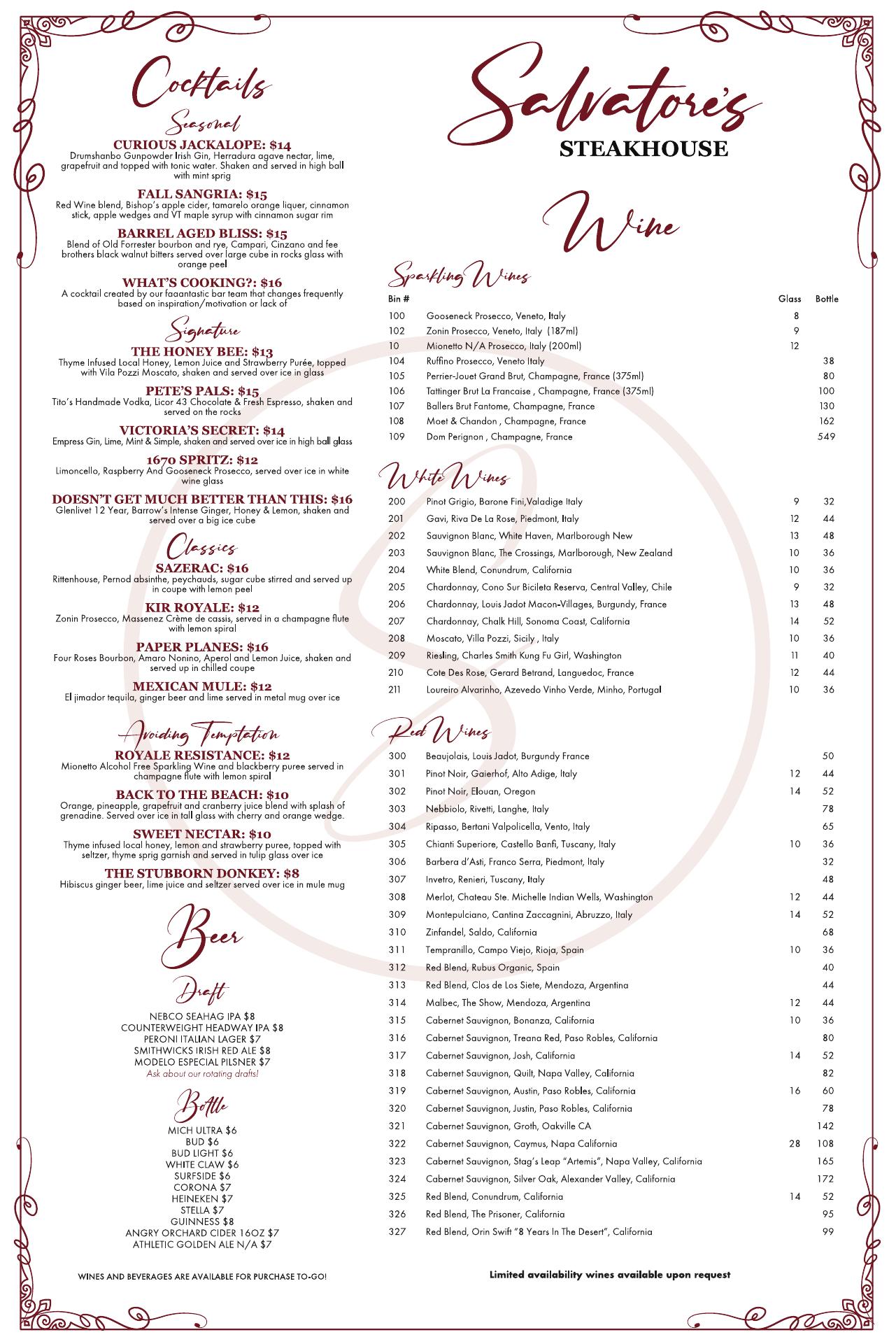 Salvatore's Steakhouse Menu