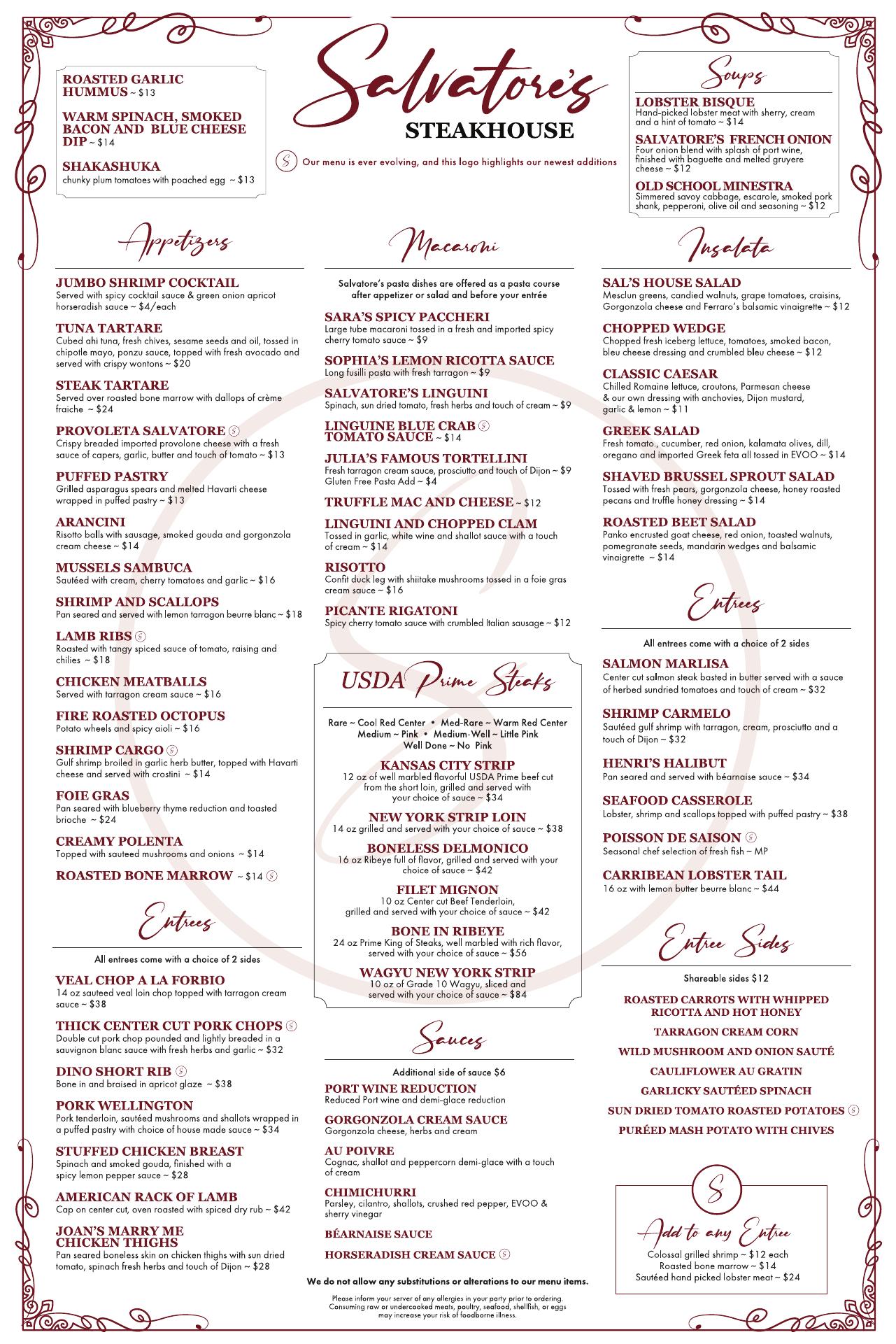 Salvatore's Steakhouse Menu