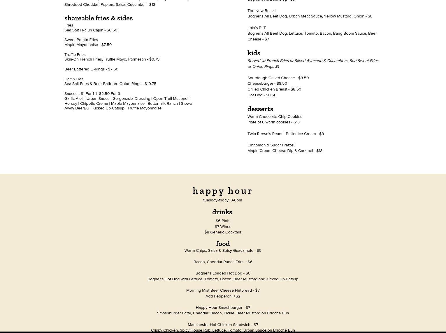 Urban Lodge Brewing Co. Menu