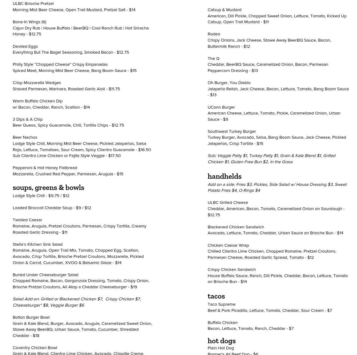 Urban Lodge Brewing Co. Menu