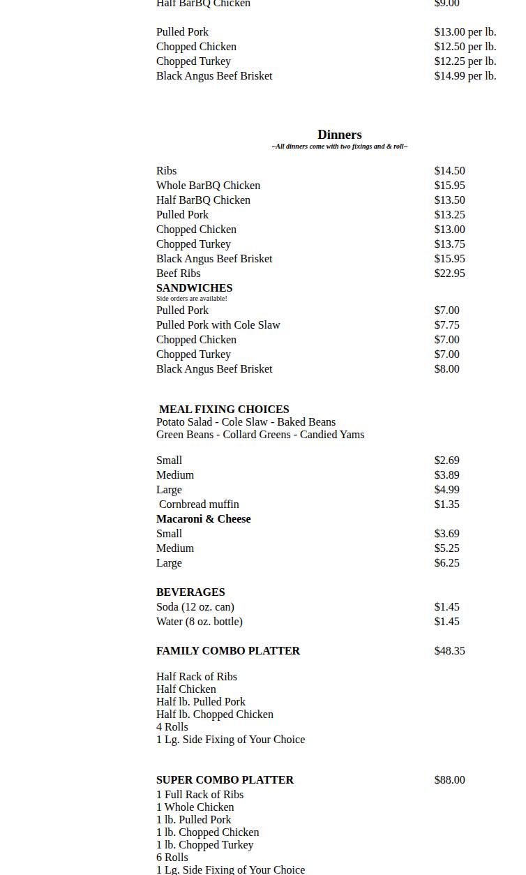 Southern Que BarBQ Menu