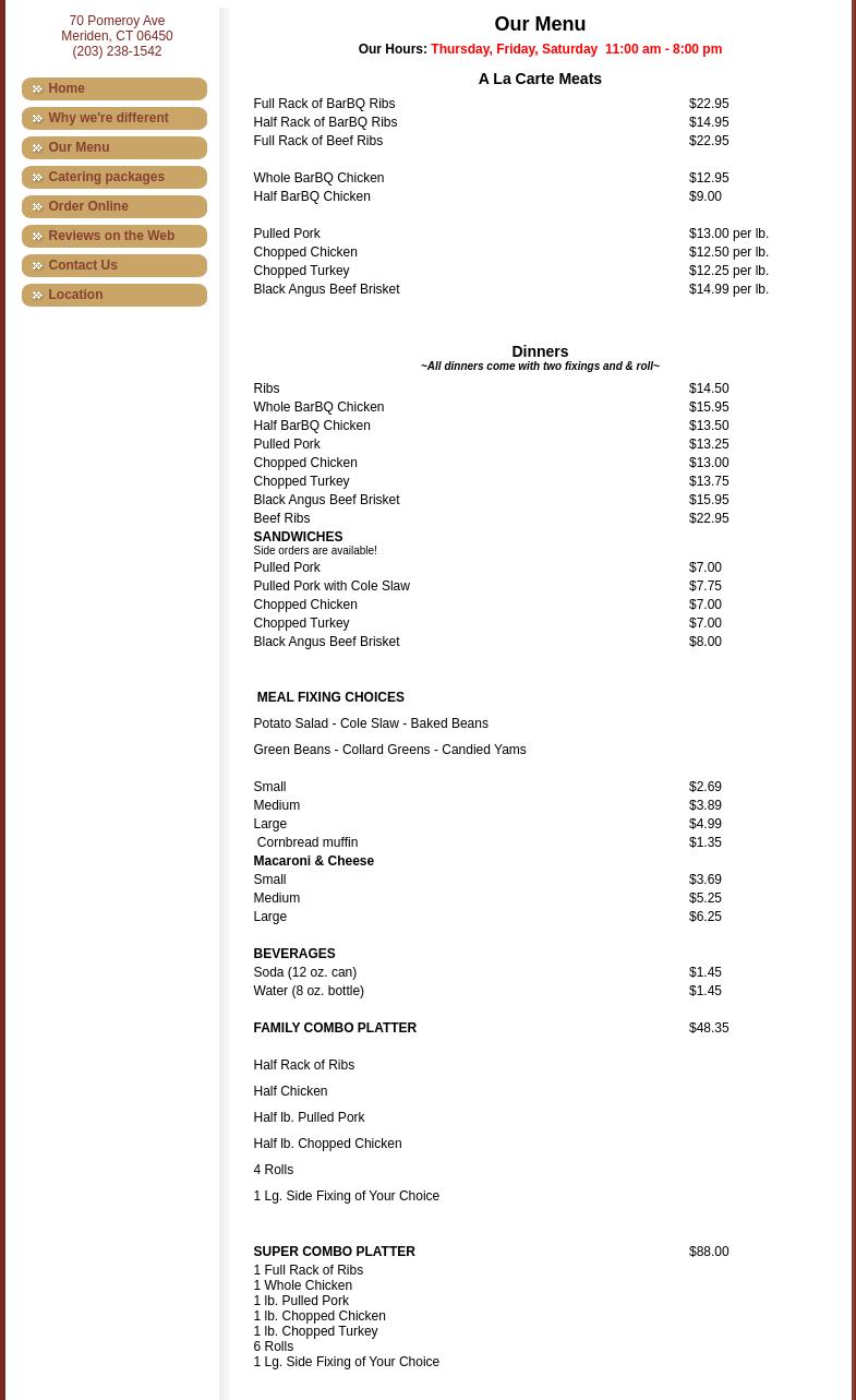 Southern Que BarBQ Menu