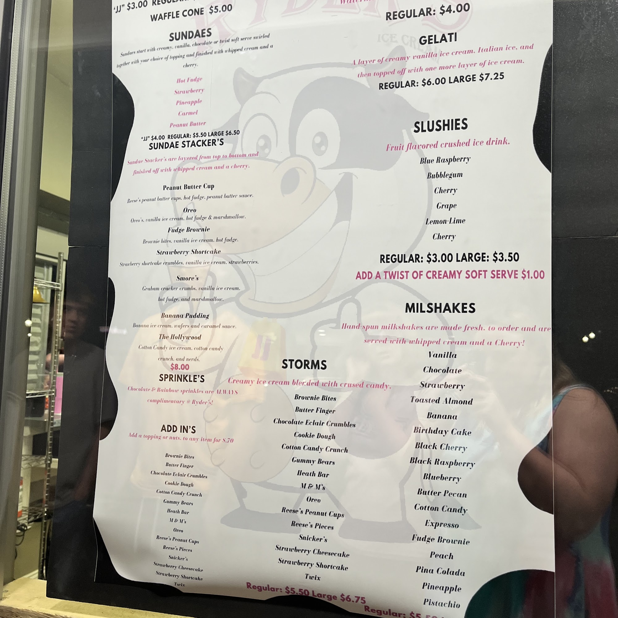 Ryder’s Ice Cream Menu