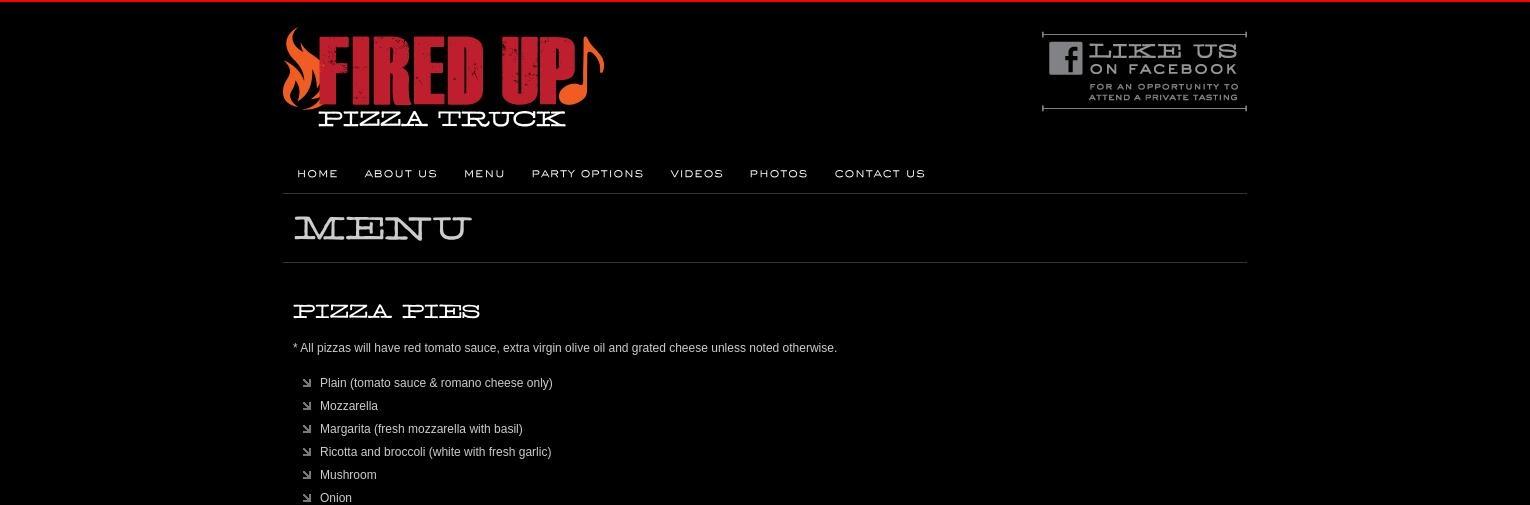 Fired Up Pizza Truck Menu